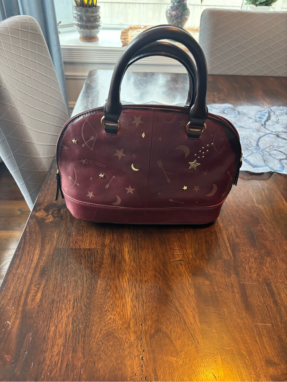 Tignanello Burgundy Dome Satchel with Gold Celestial Accents